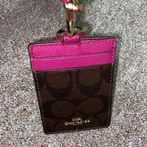 Brown and Pink Coach ID Lanyard with Two Card Slots